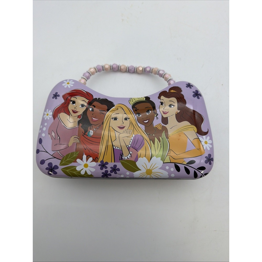 Disney Princess metal tin carry purse with a beaded handle
